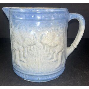 19th C. Blue & White Salt Glaze Stoneware Pitcher Tree Lined Driveway Scene READ